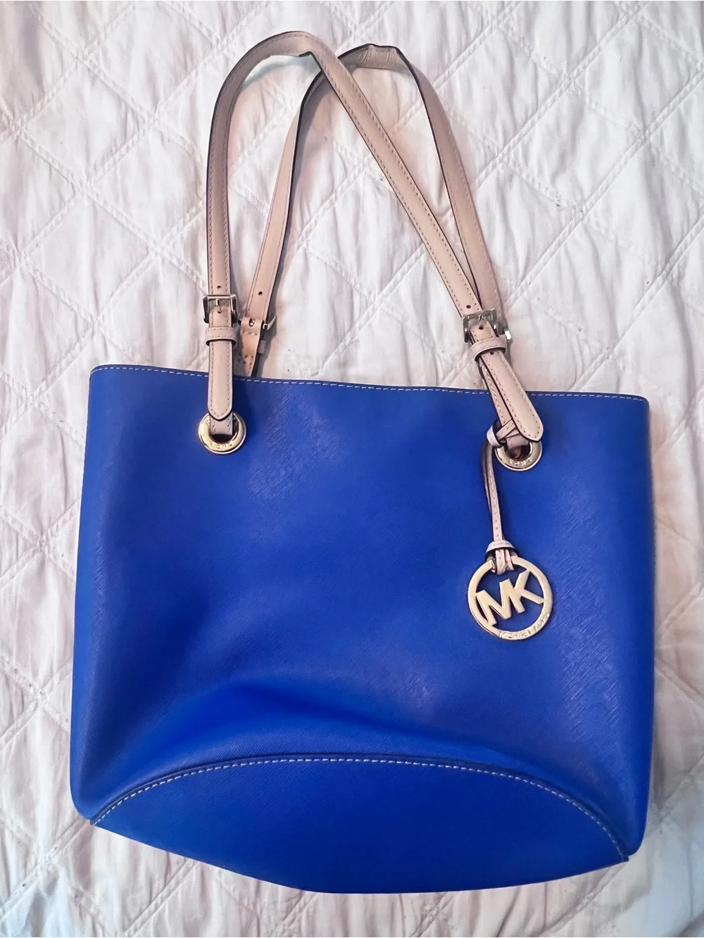 Michael Kors Cobalt Blue Leather Tote with Blush Straps